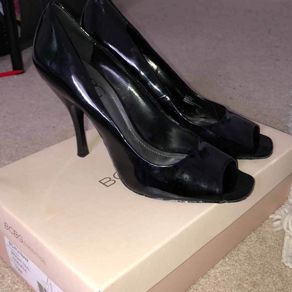 Classic peep toe black patent leather heels